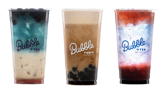 Colorful lineup of fruit and milk bubble teas with toppings at Balance Grille Toledo.